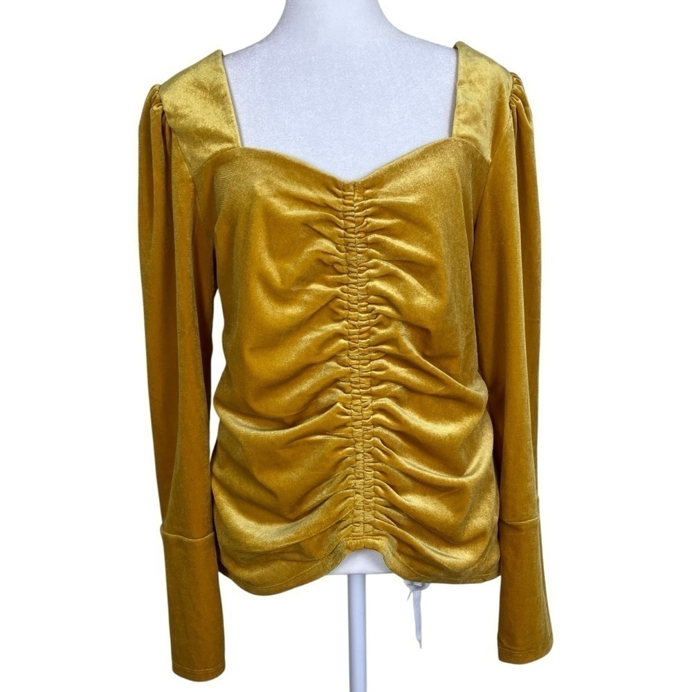 Cato Gold Yellow Velvet Blouse Sweetheart Neckline Ruched Ren Faire Romantic M